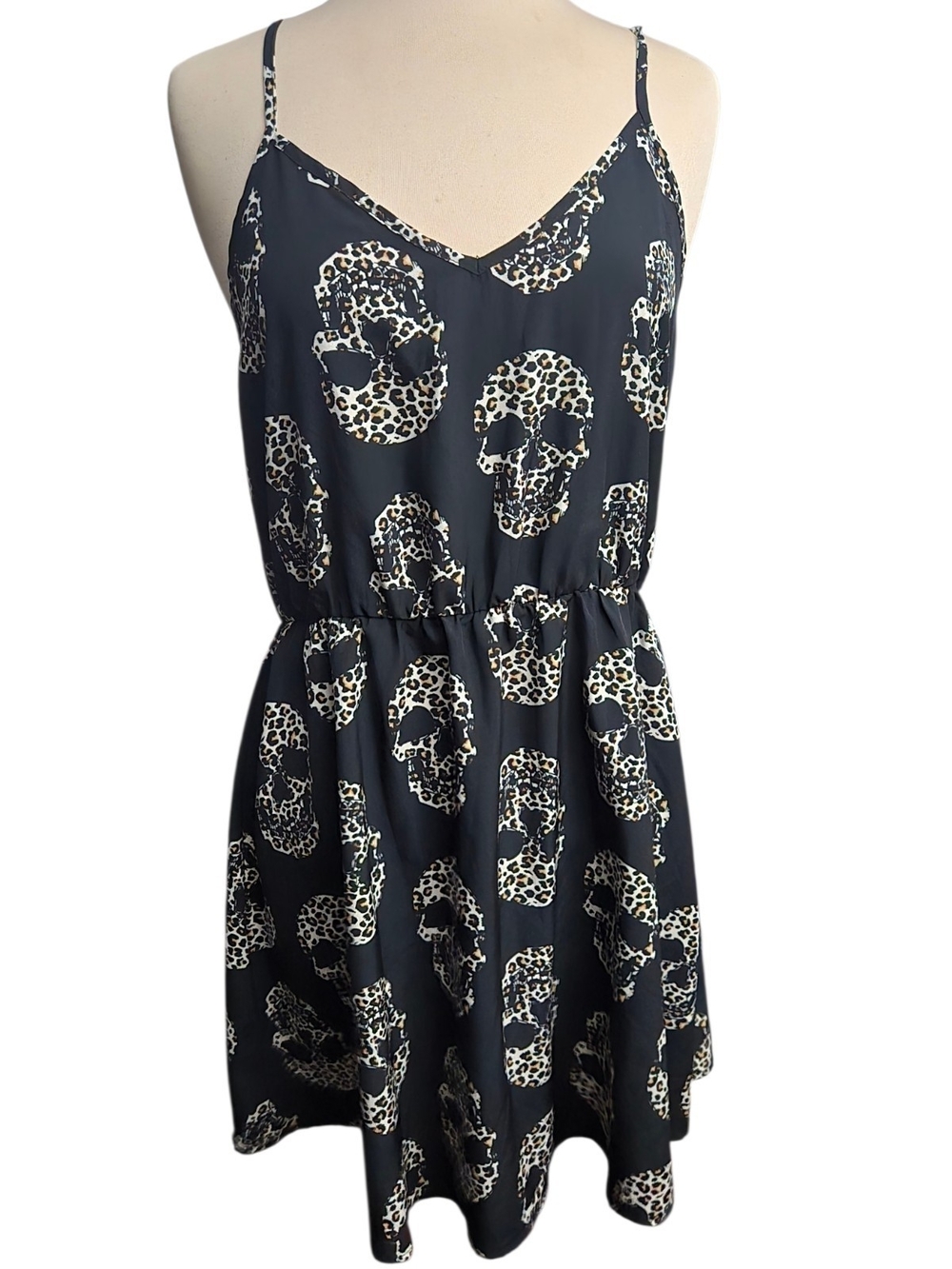 Leopard Skull Print Black Mini Dress with Spaghetti Straps